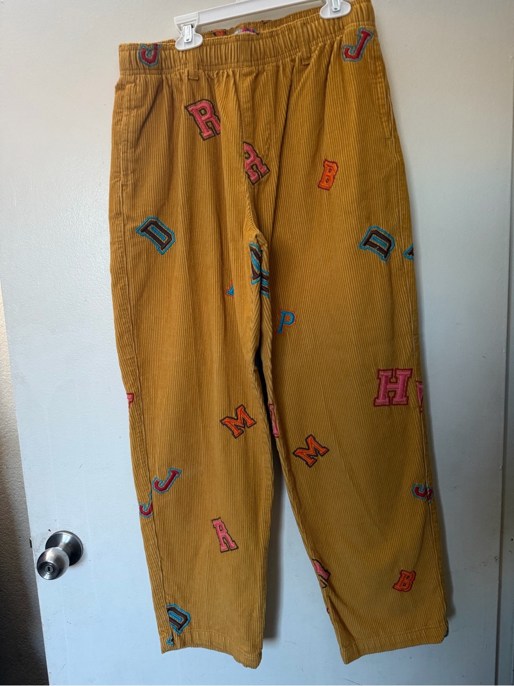 Urban Outfitters Corduroy Wide Leg Patchwork Letter Pants Mustard Yellow Size M